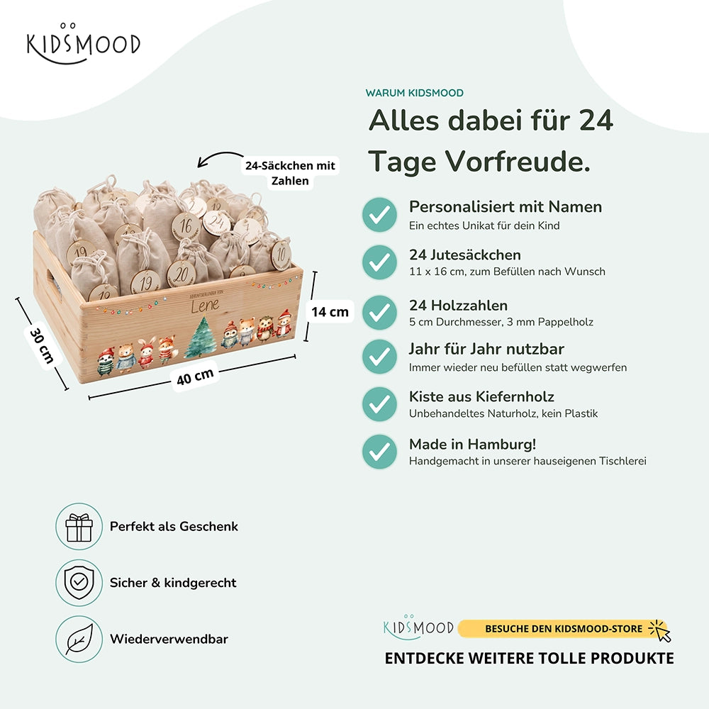 Adventskalender zum Befüllen "Weihnachten mit Tieren und Lichterkette" personalisiert