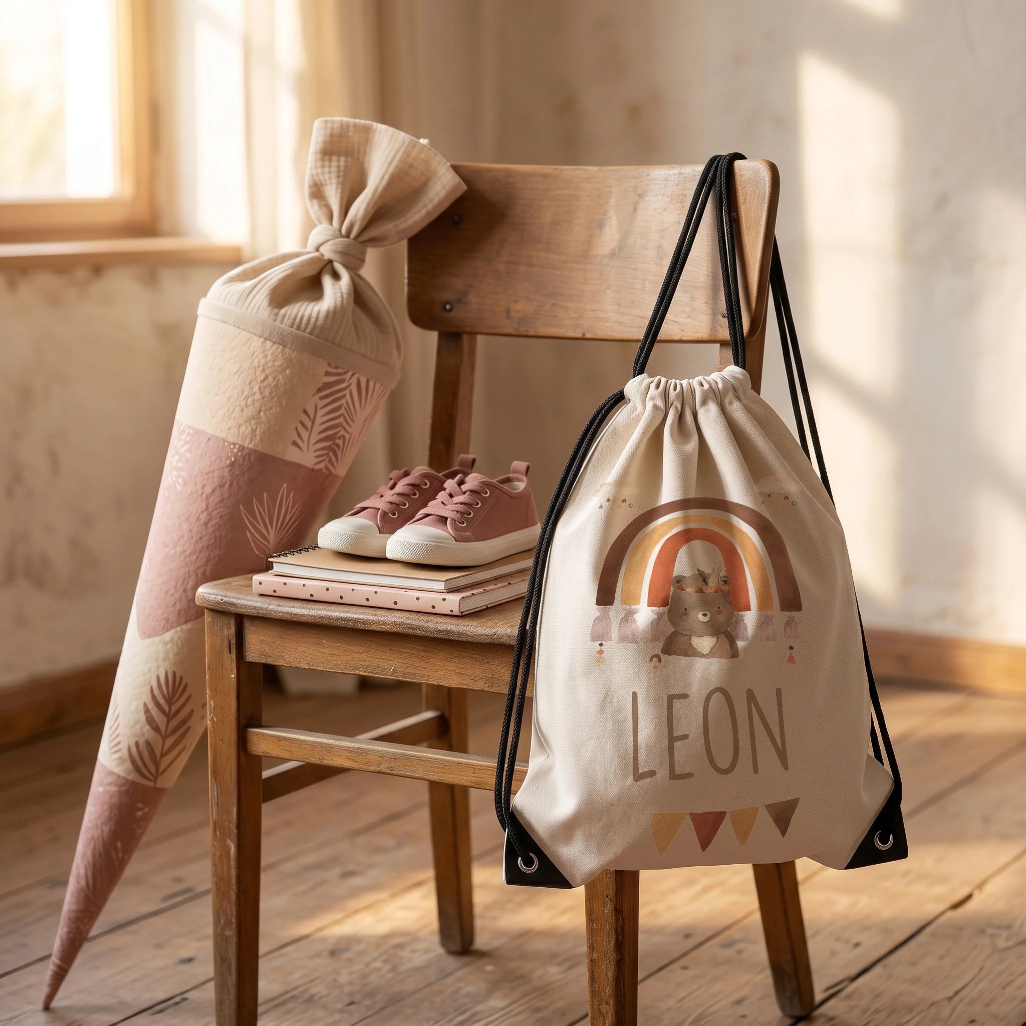 Personalisierter Turnbeutel Boho BĂ€r Regenbogen, Geschenkidee zur Einschulung neben der SchultĂŒte