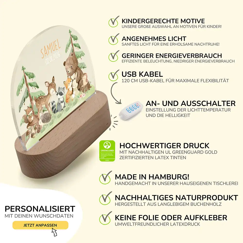 Nachtlicht Kinder personalisiert - Kuschelige Waldabenteuer