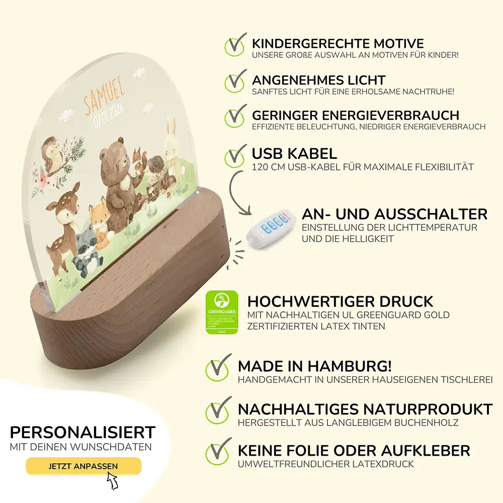 Nachtlicht Kinder personalisiert - Verträumte Waldfamilie