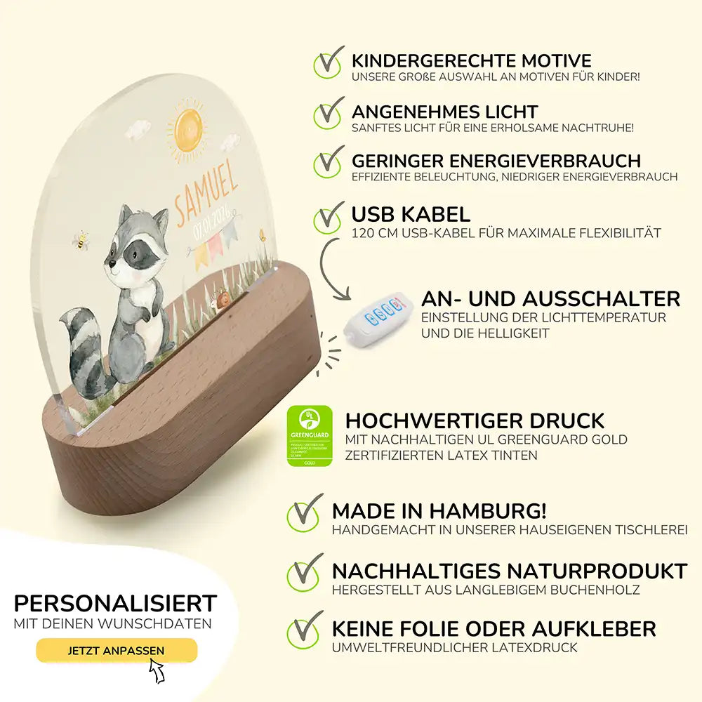 Nachtlicht Kinder personalisiert - Fröhlicher Waschbär