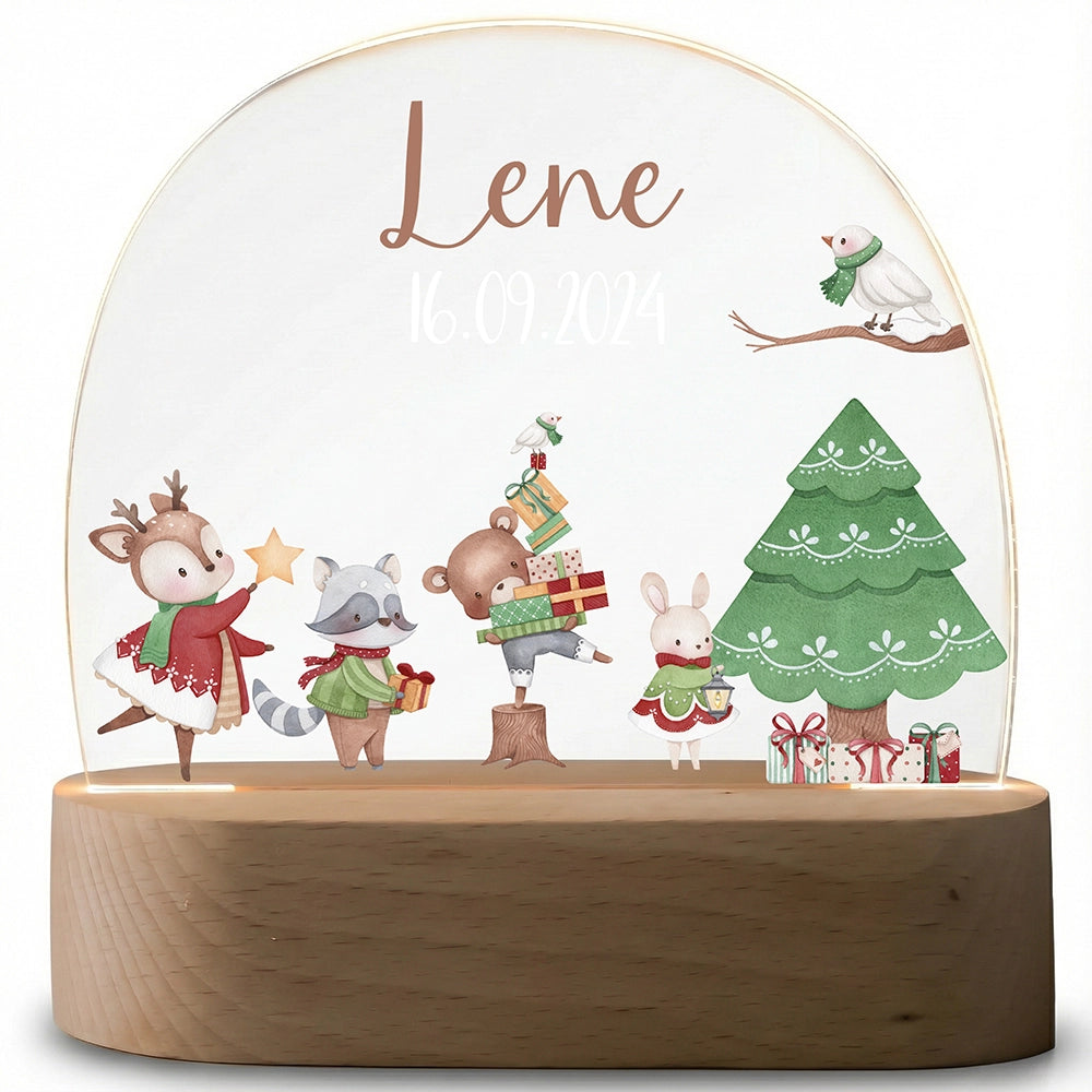 Nachtlampe Weihnachten mit Namen ausgeschaltet – klares Acrylglas auf Holzsockel