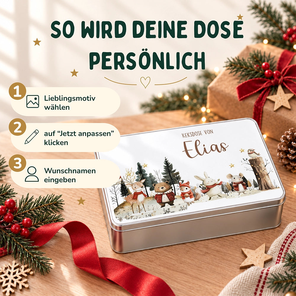 Keksdose aus Metall personalisiert - Weihnachtsfreunde im Schnee