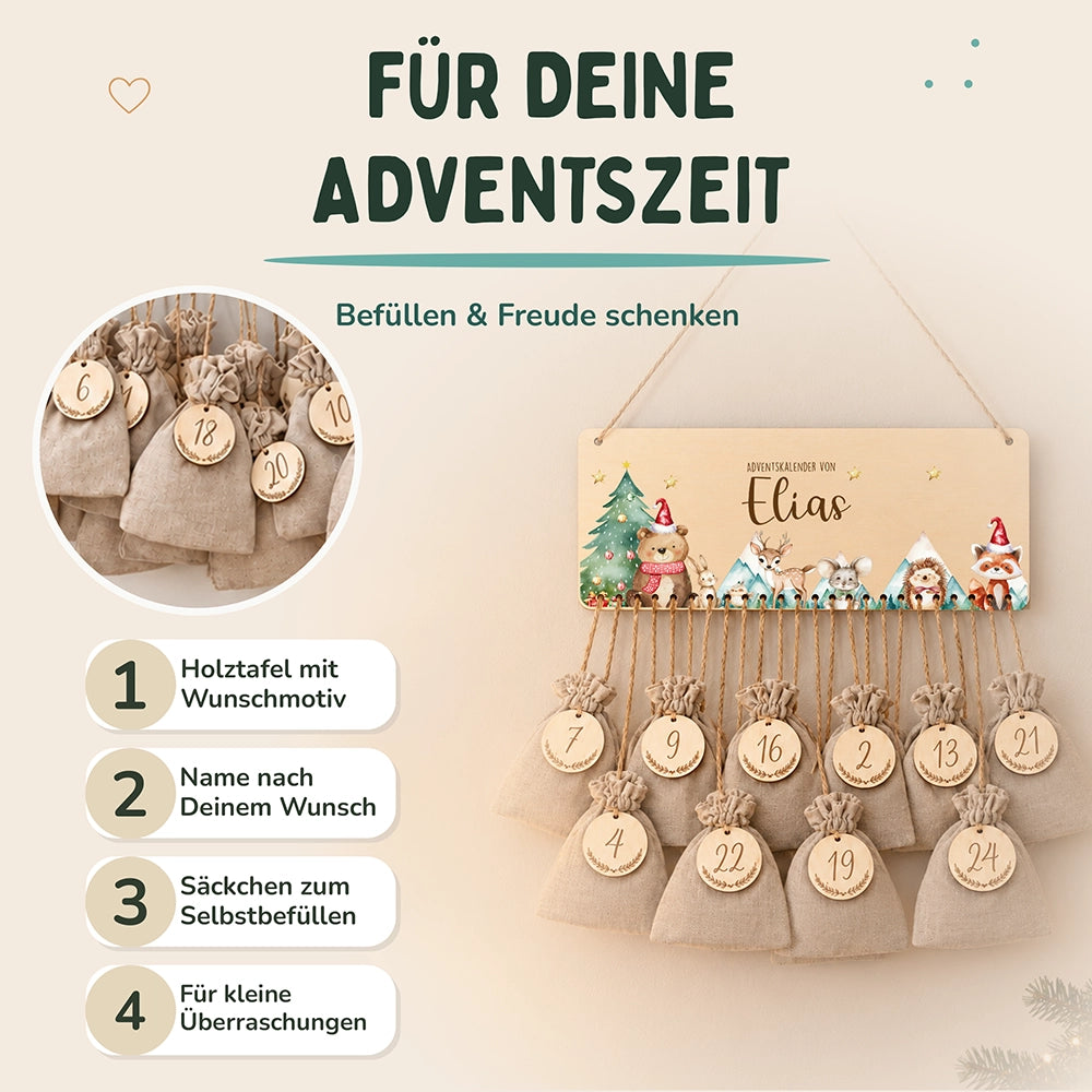 Personalisierbarer Adventskalender farbig - Glückliche Waldtiere