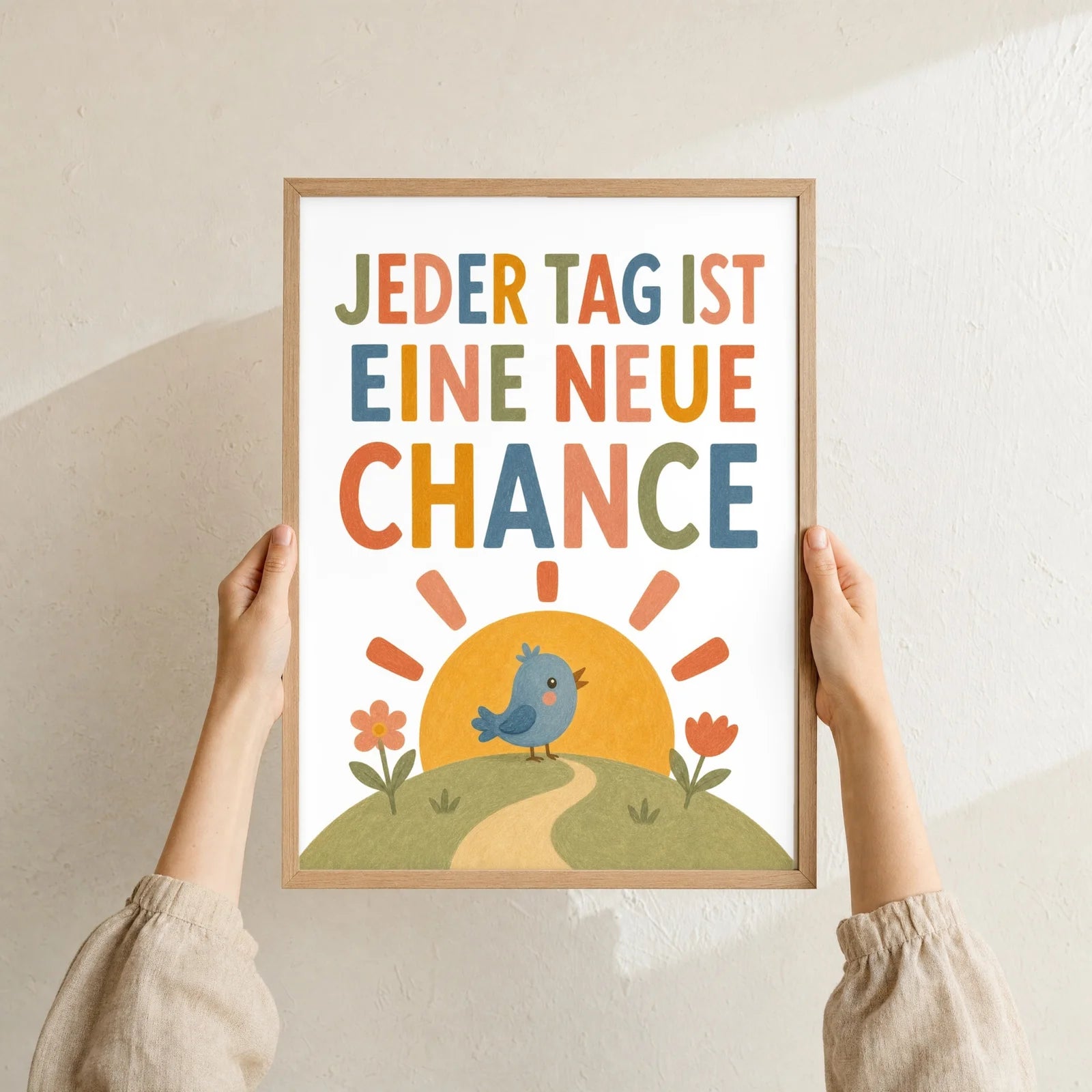 Affirmationsposter Kinderzimmer Vogel Jeder Tag neue Chance, Format 30 x 40 cm, Rahmen optional