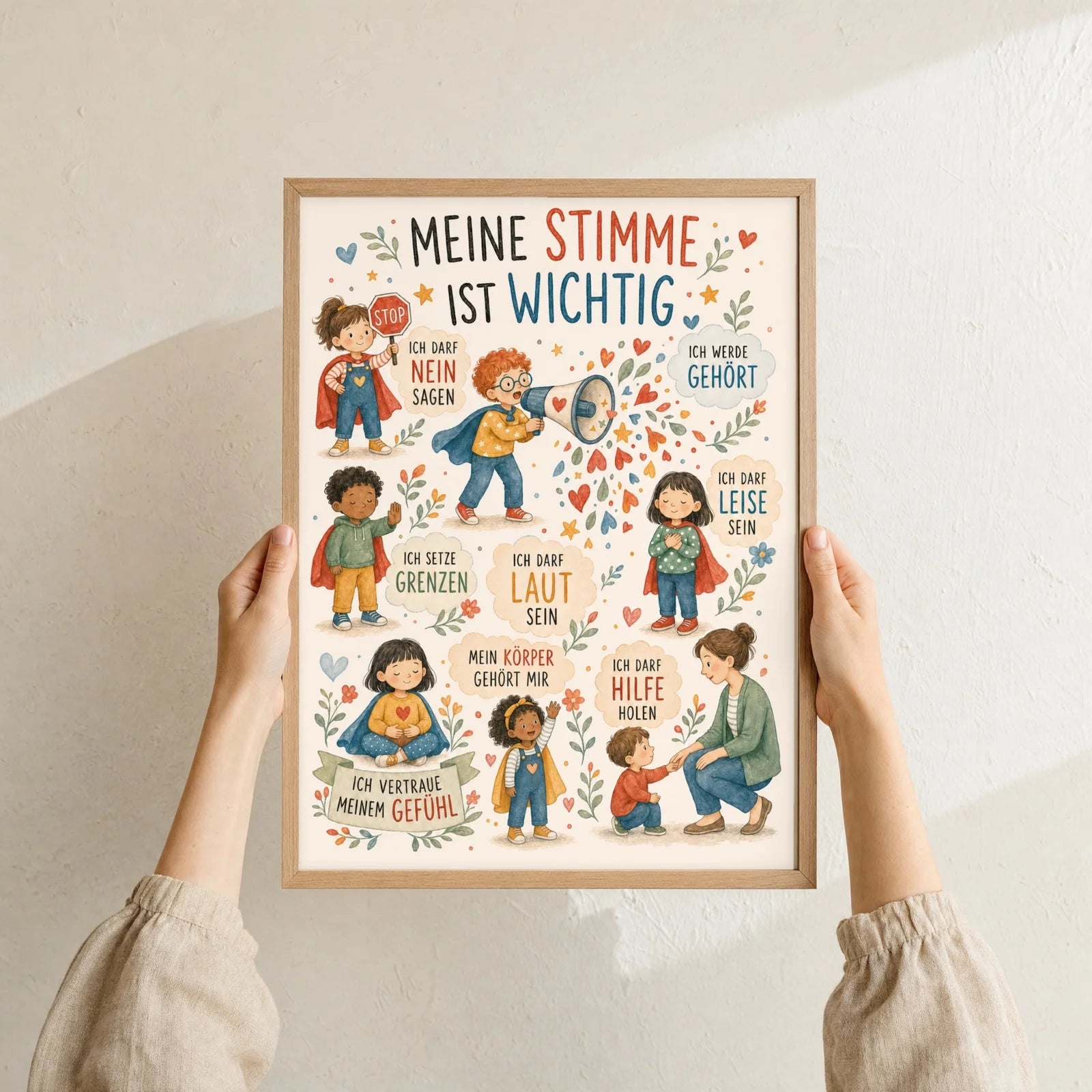 Affirmationsposter Kinderzimmer Wimmelbild Meine Stimme, Format 30 x 40 cm, Rahmen optional
