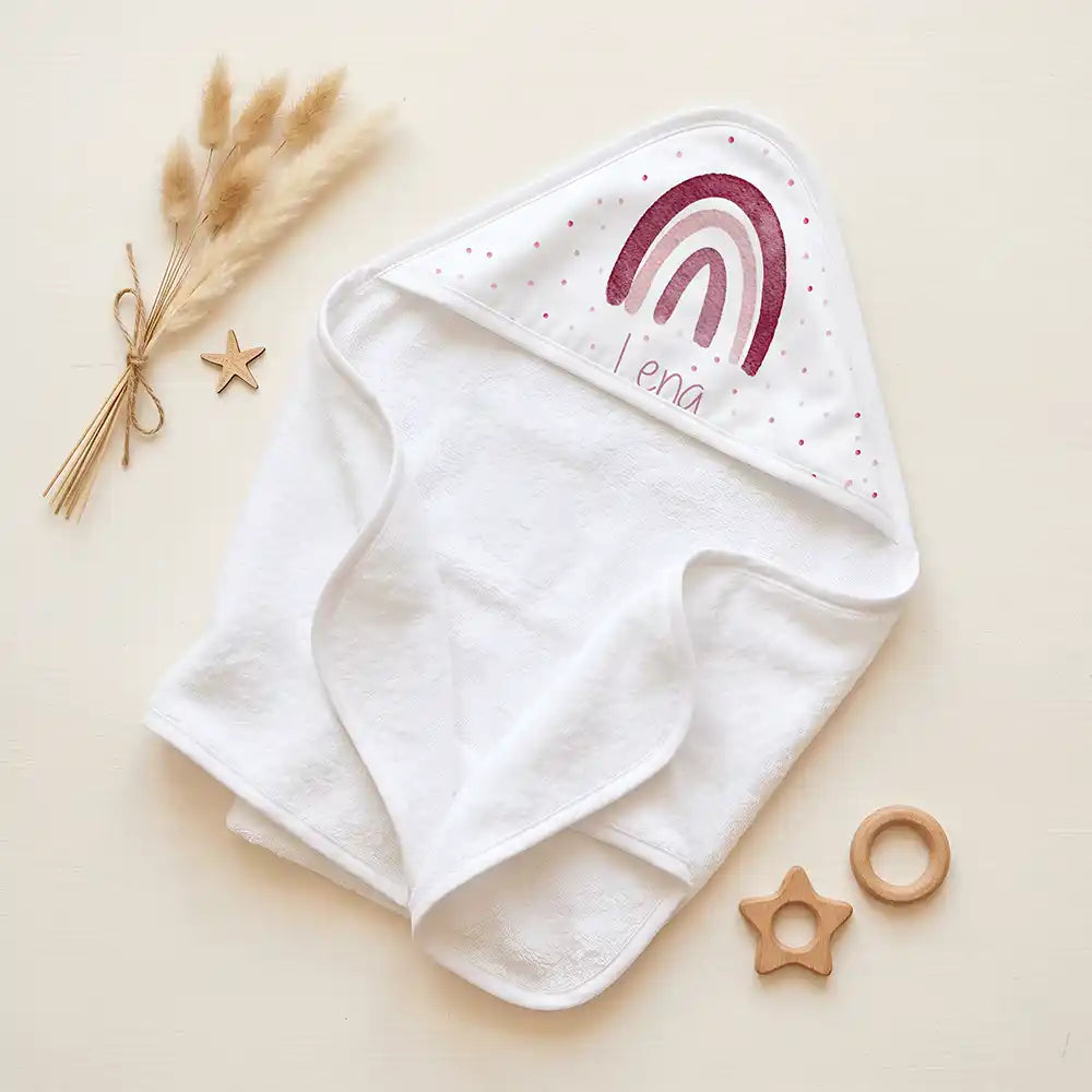 Personalisiertes Kapuzenhandtuch Baby Boho-Regenbogen â Set fĂŒr Zwillinge im Rattan-Look