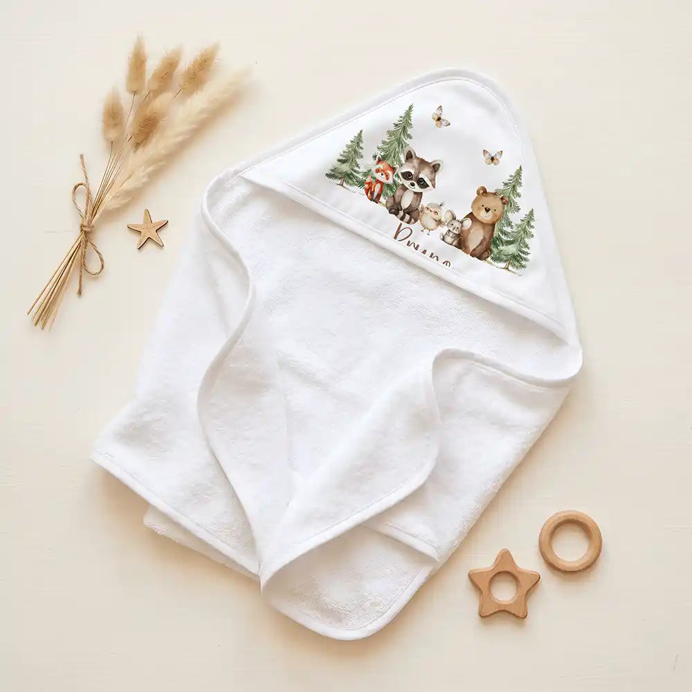 Personalisiertes Kapuzenhandtuch Baby Waldfreunde Bande â Set fĂŒr Zwillinge im Rattan-Look