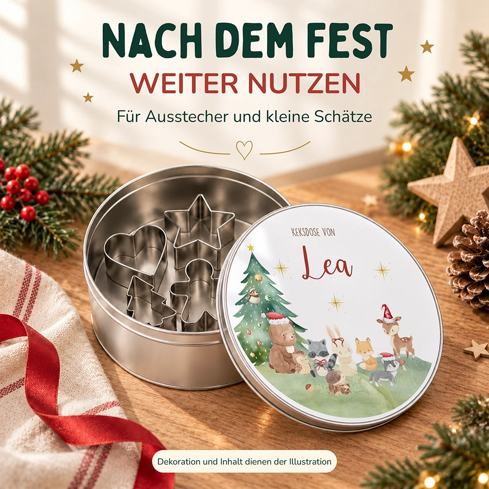Keksdose aus Metall personalisiert - Kleine Waldbewohner im Weihnachtsglanz