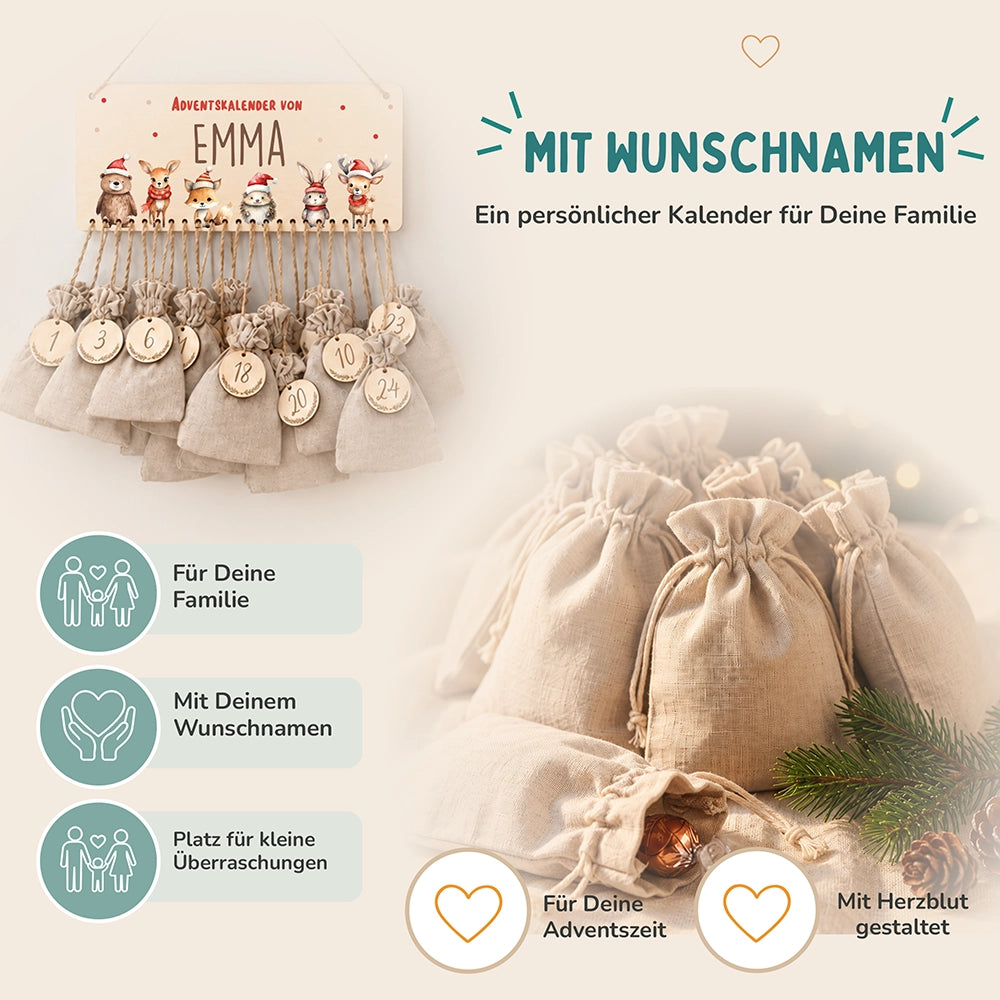 Personalisierbarer Adventskalender farbig - Winterliche Tierfamilie