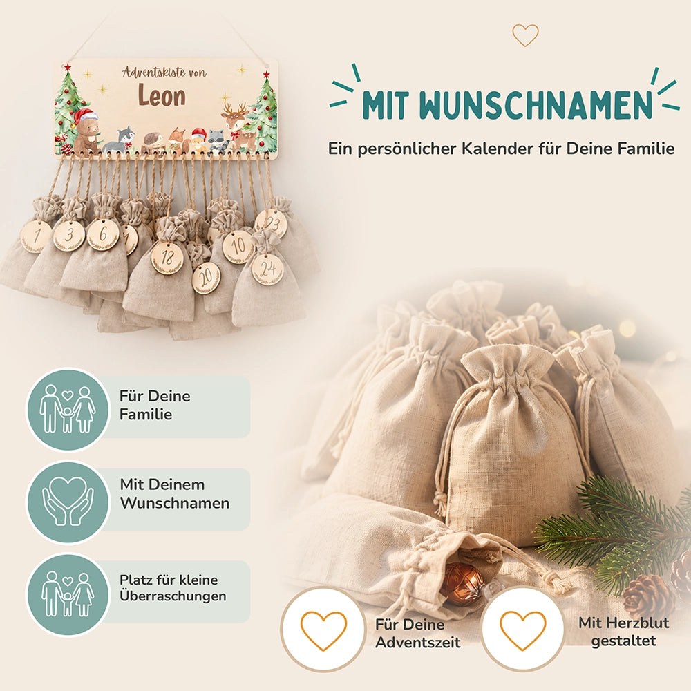 Personalisierbarer Adventskalender farbig - Niedliche Waldtiere Weihnachtsmütze