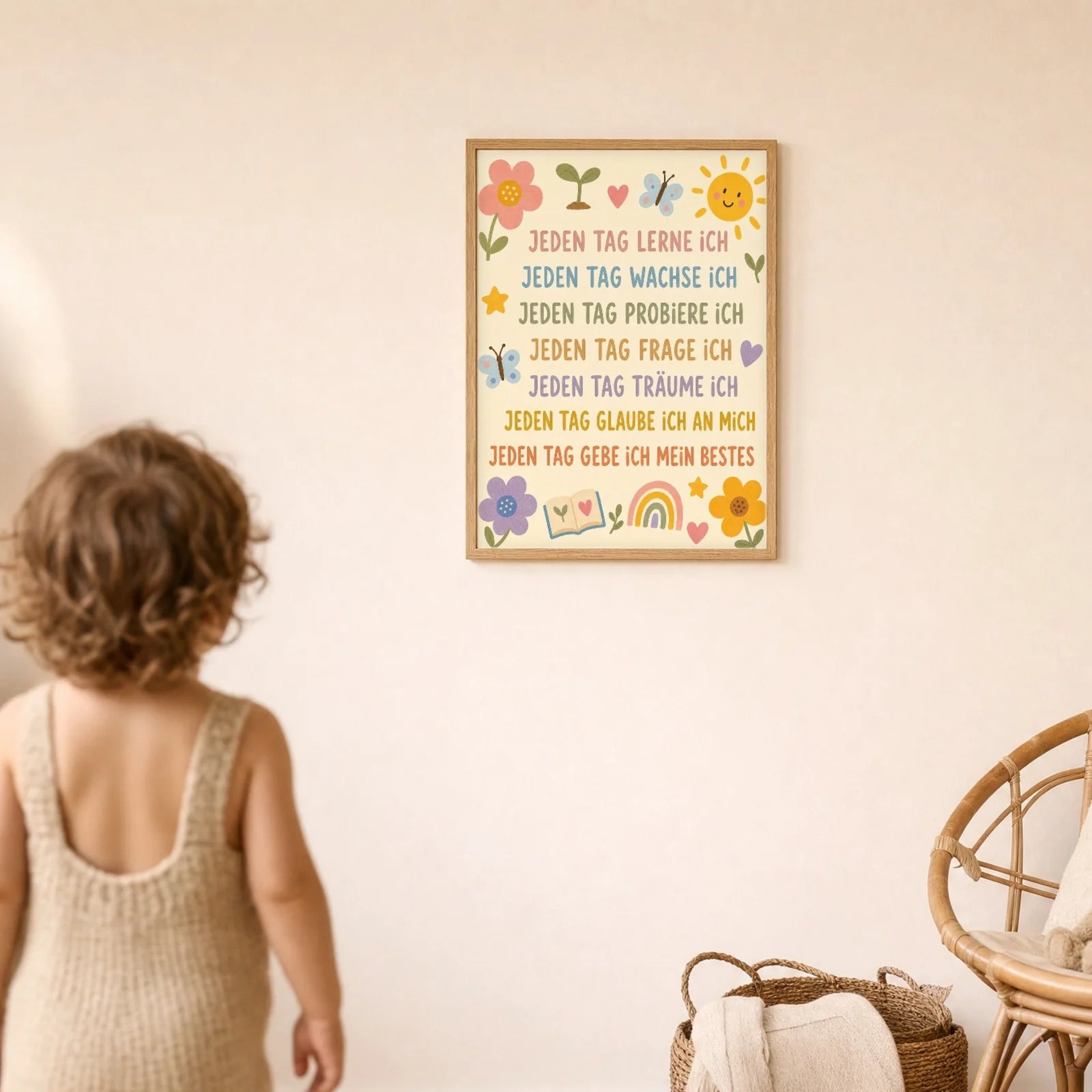 Affirmationsposter Kinderzimmer Blumenwiese Jeden Tag, im Detail auf 300 g Papier
