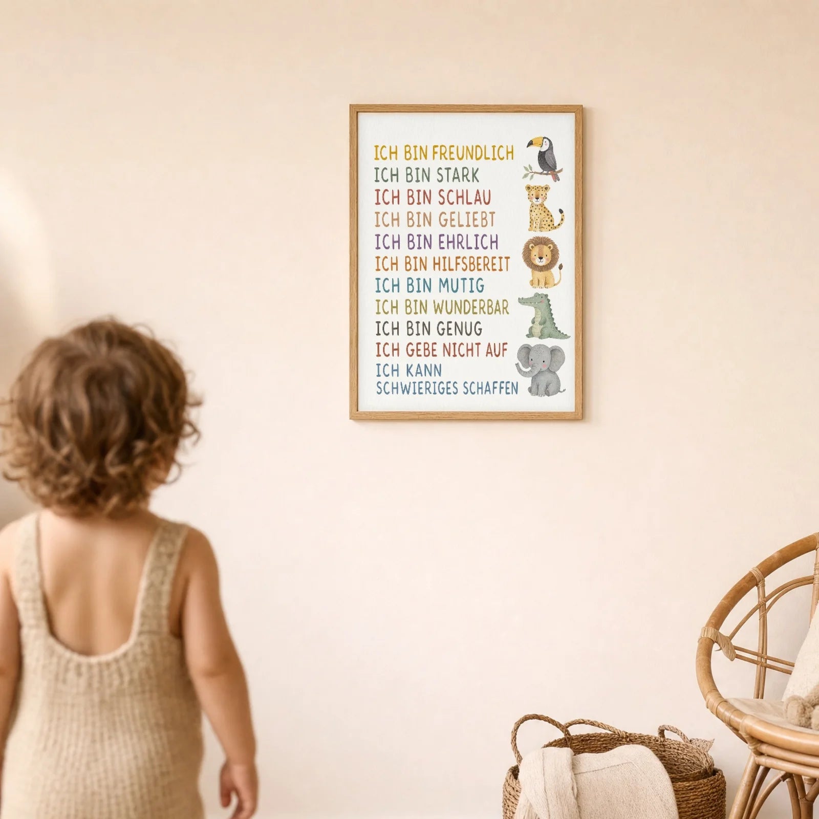 Affirmationsposter Kinderzimmer Safaritiere, im Detail auf 300 g Papier