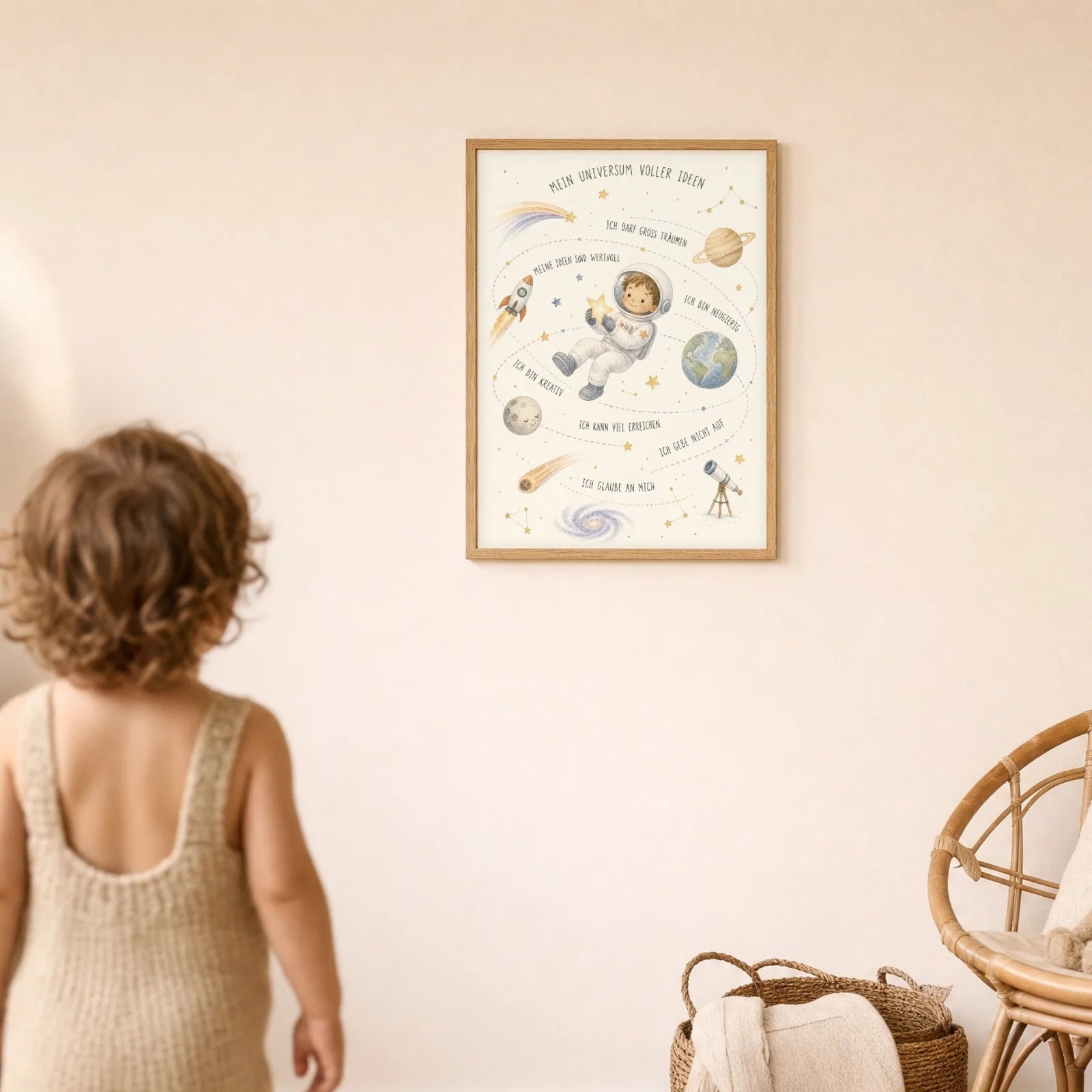 Affirmationsposter Kinderzimmer Universum voller Ideen, im Detail auf 300 g Papier