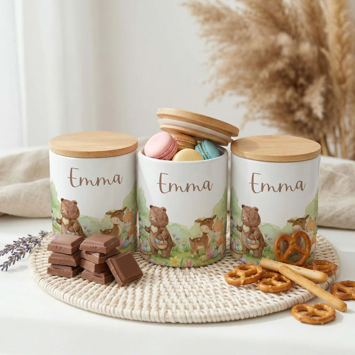 Personalisierte Keksdose Ostern BĂ€renfamilie â Keramik & Bambus mit Wunschname