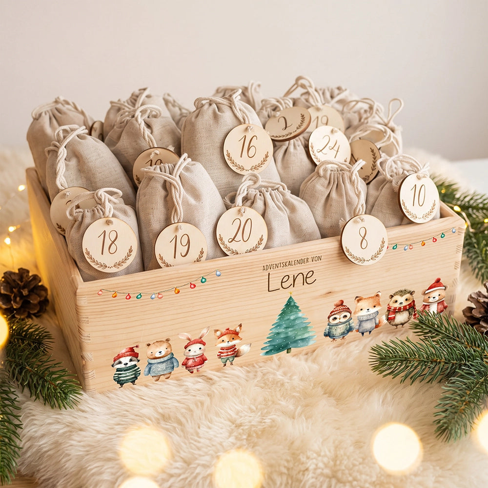 Adventskalender zum Befüllen "Weihnachten mit Tieren und Lichterkette" personalisiert