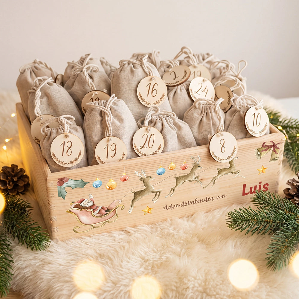 Personalisierter Adventskalender zum Befüllen - Rentier mit Schlitten