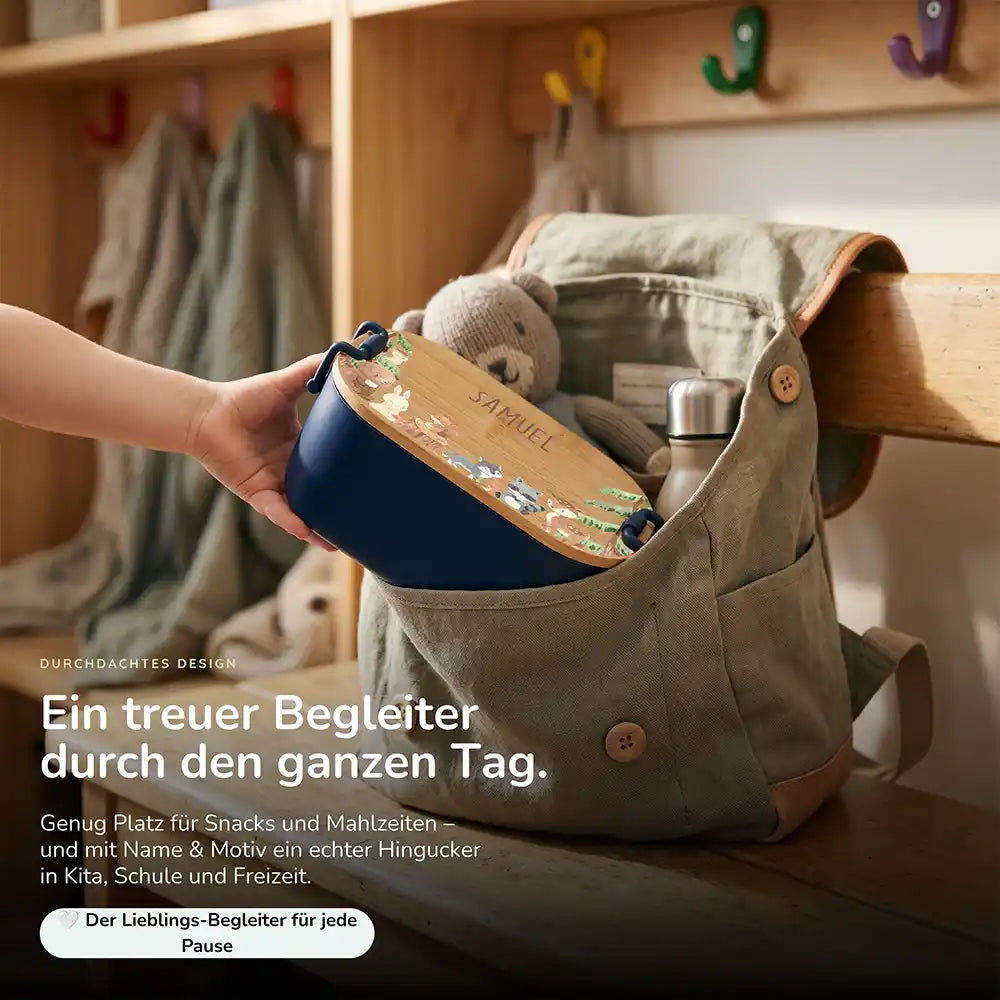 Brotdose Kinder personalisiert Waldtiere, Lunchbox mit Snacks und Obst