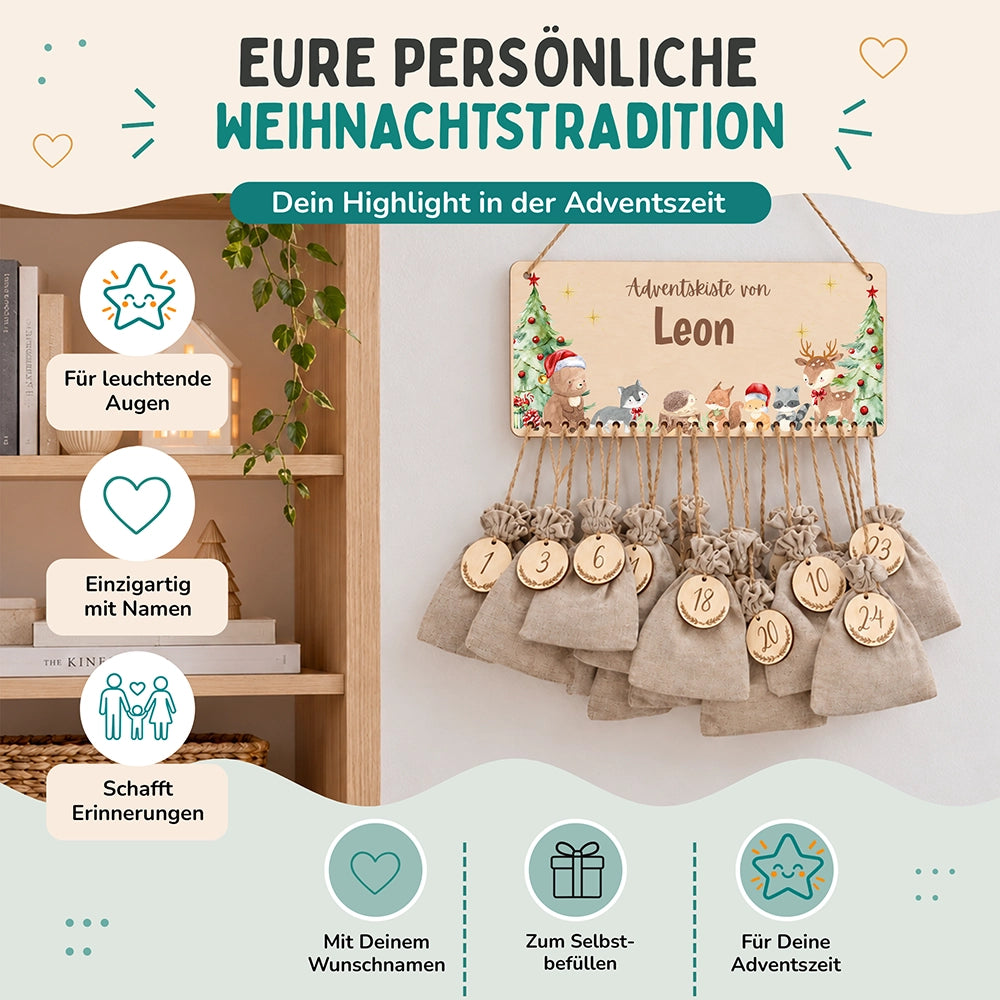 Personalisierbarer Adventskalender farbig - Niedliche Waldtiere Weihnachtsmütze