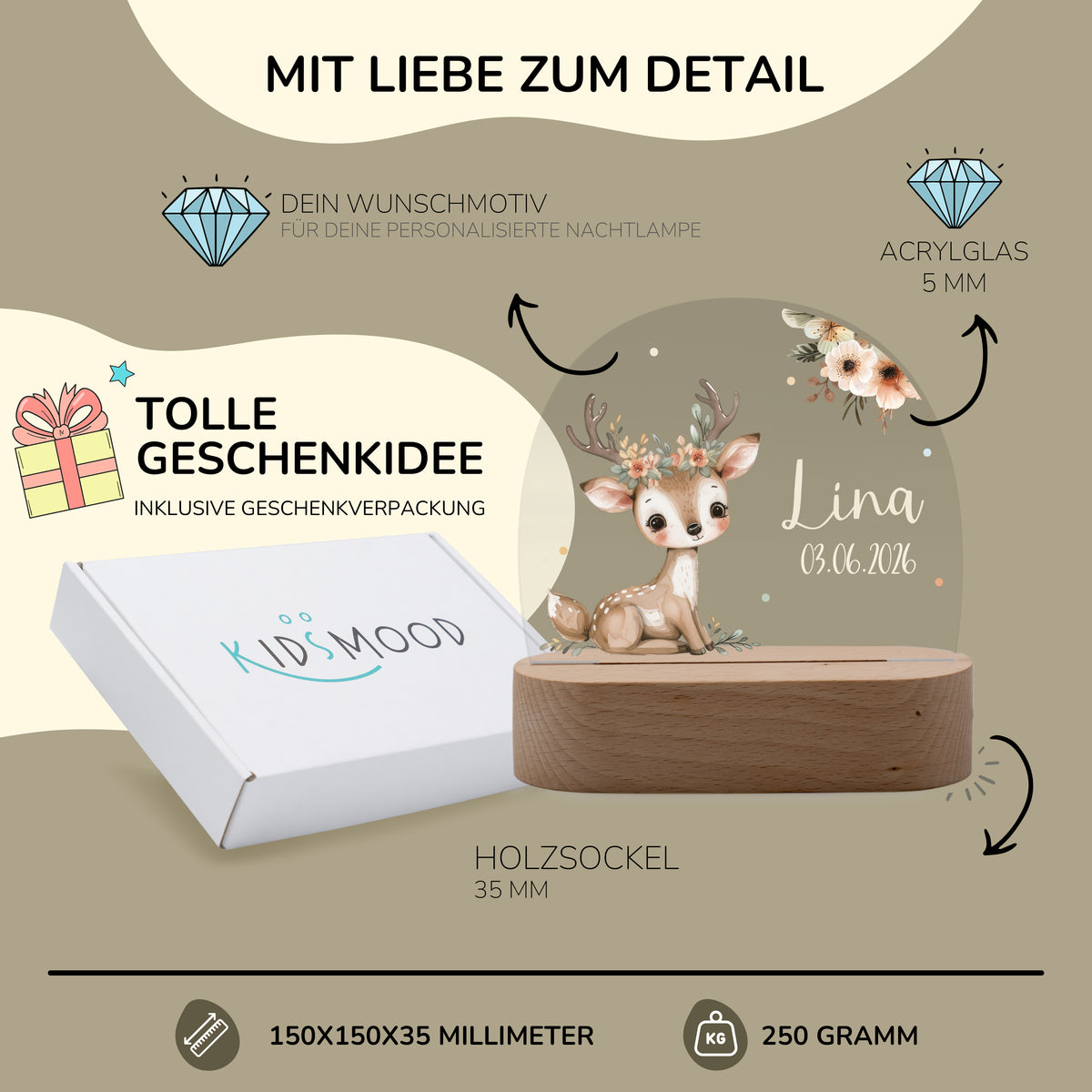 Nachtlicht Kinder personalisiert - Baby Reh