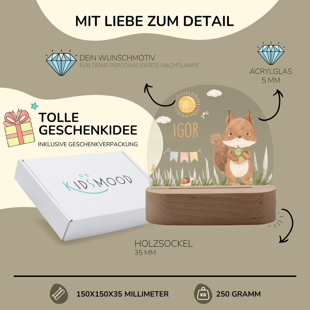 Nachtlicht Kinder personalisiert - Zauberhaftes Eichhörnchen