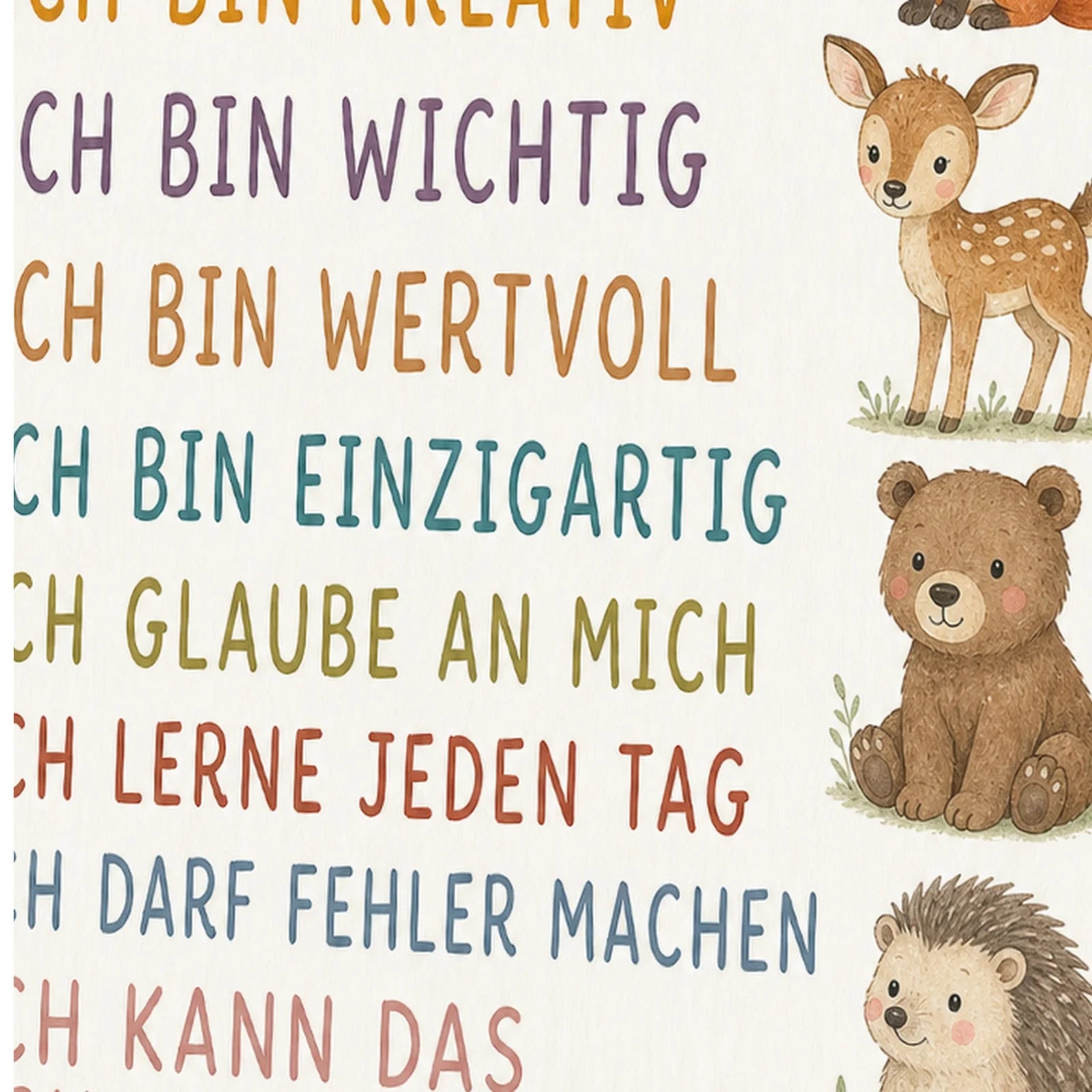 Affirmationsposter Kinderzimmer Waldtiere, als Wandbild im Format 30 x 40 cm