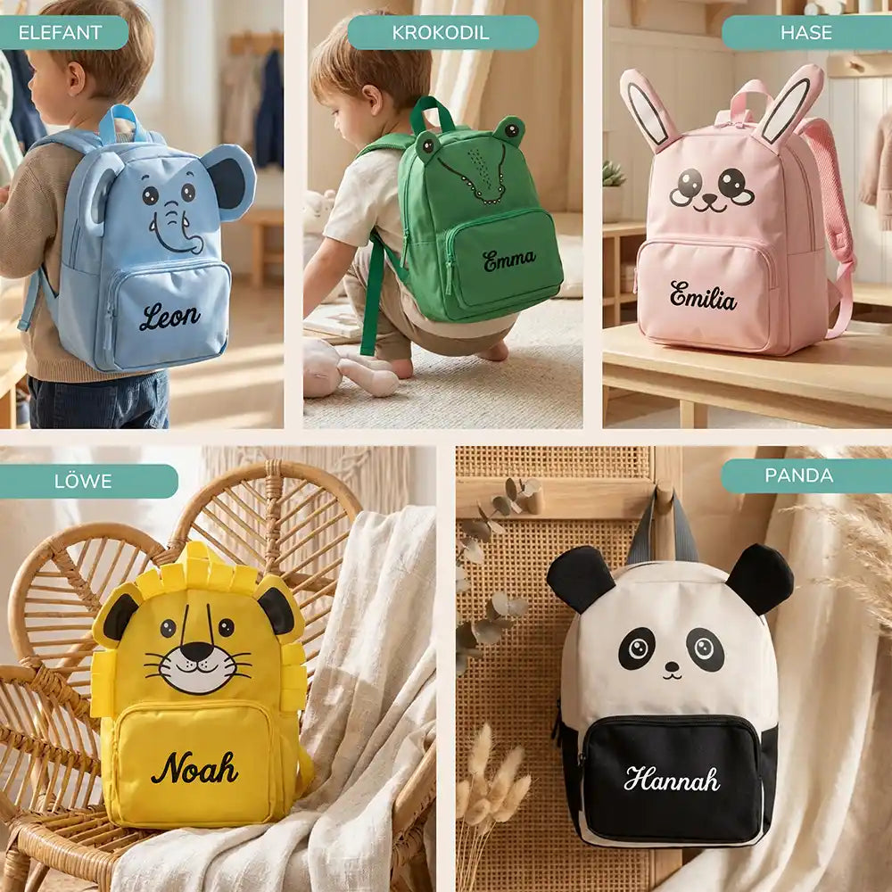 Personalisierter Kinderrucksack Panda, fünf Tiermotive zur Auswahl