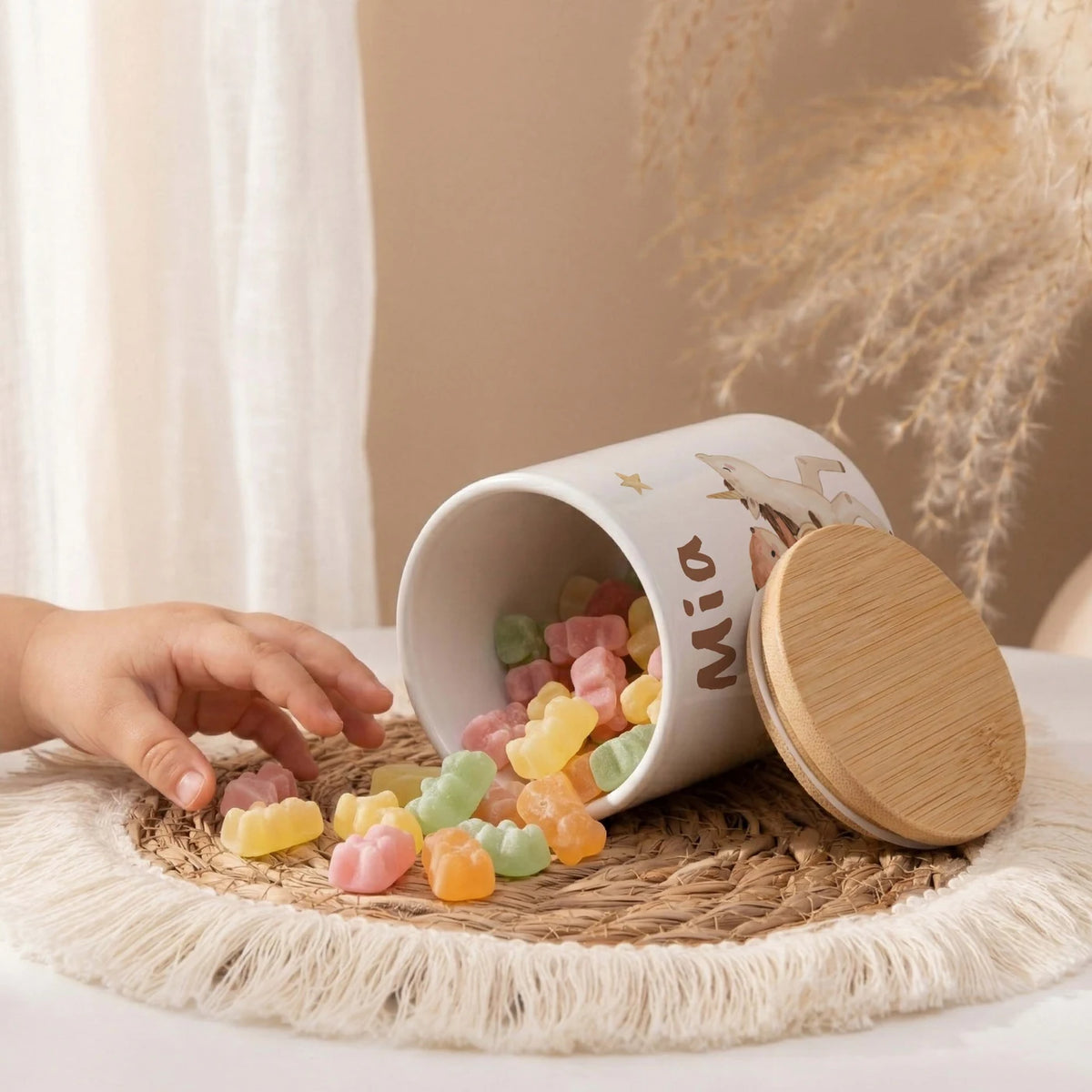 Personalisierte Keksdose Fuchs & Einhorn – Keramik & Bambus mit Wunschname