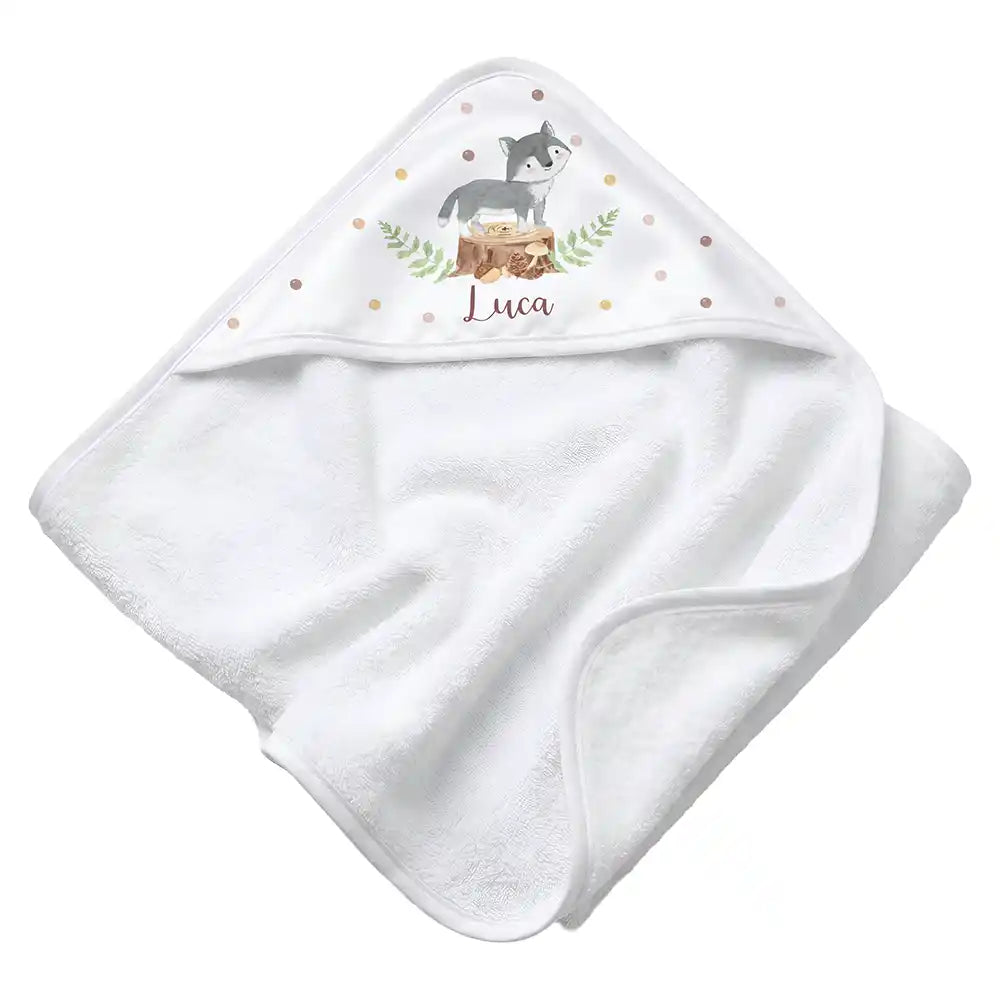 Personalisiertes Kapuzenhandtuch Baby Wolf Wald â Rattan-Untergrund Produktdetail