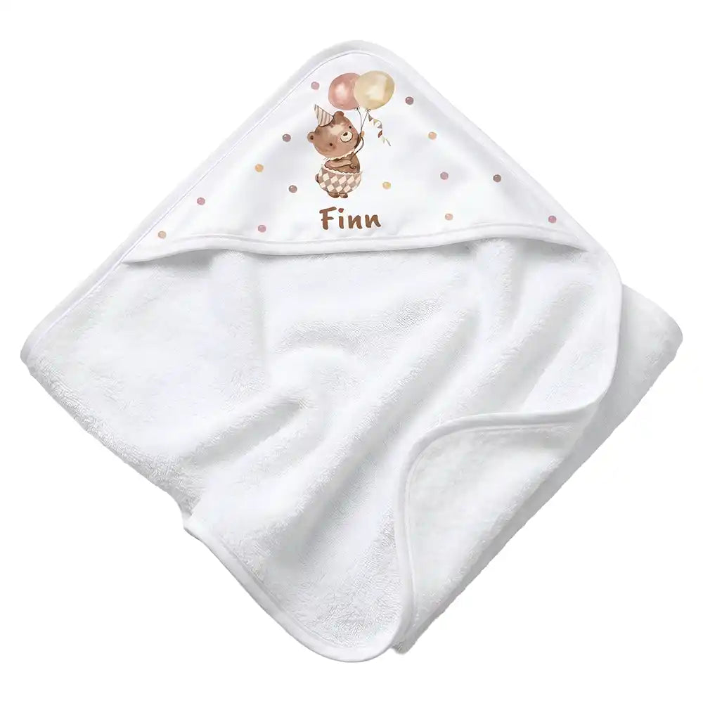 Personalisiertes Kapuzenhandtuch Baby BĂ€r Luftballons â Rattan-Untergrund Produktdetail