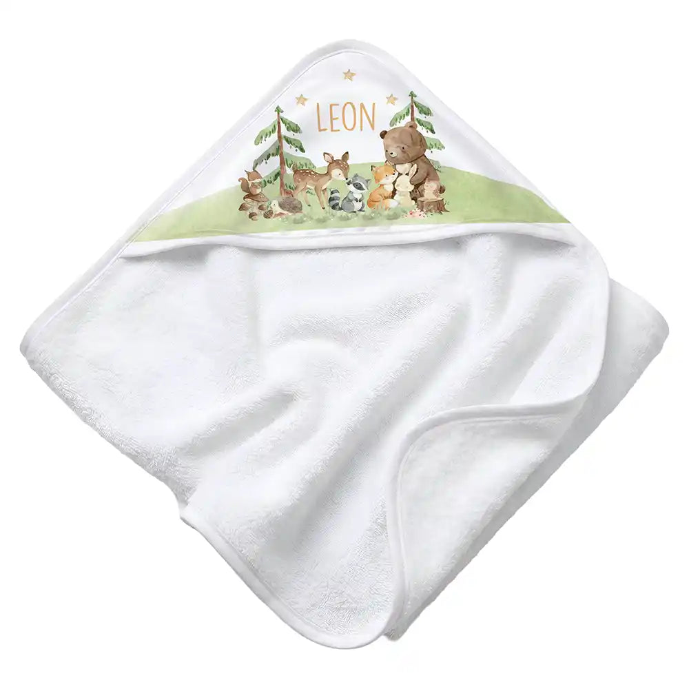 Personalisiertes Kapuzenhandtuch Baby Waldfest â Rattan-Untergrund Produktdetail