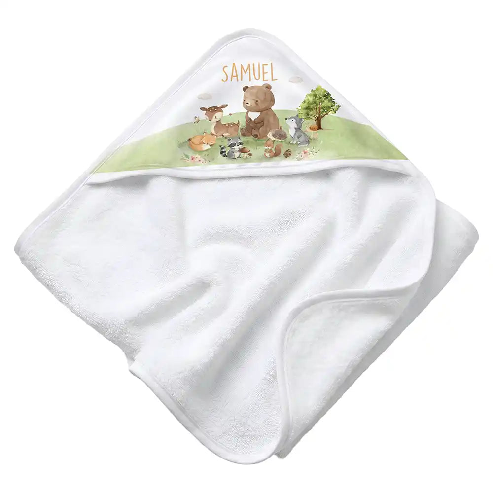Personalisiertes Kapuzenhandtuch Baby Waldparade â Rattan-Untergrund Produktdetail