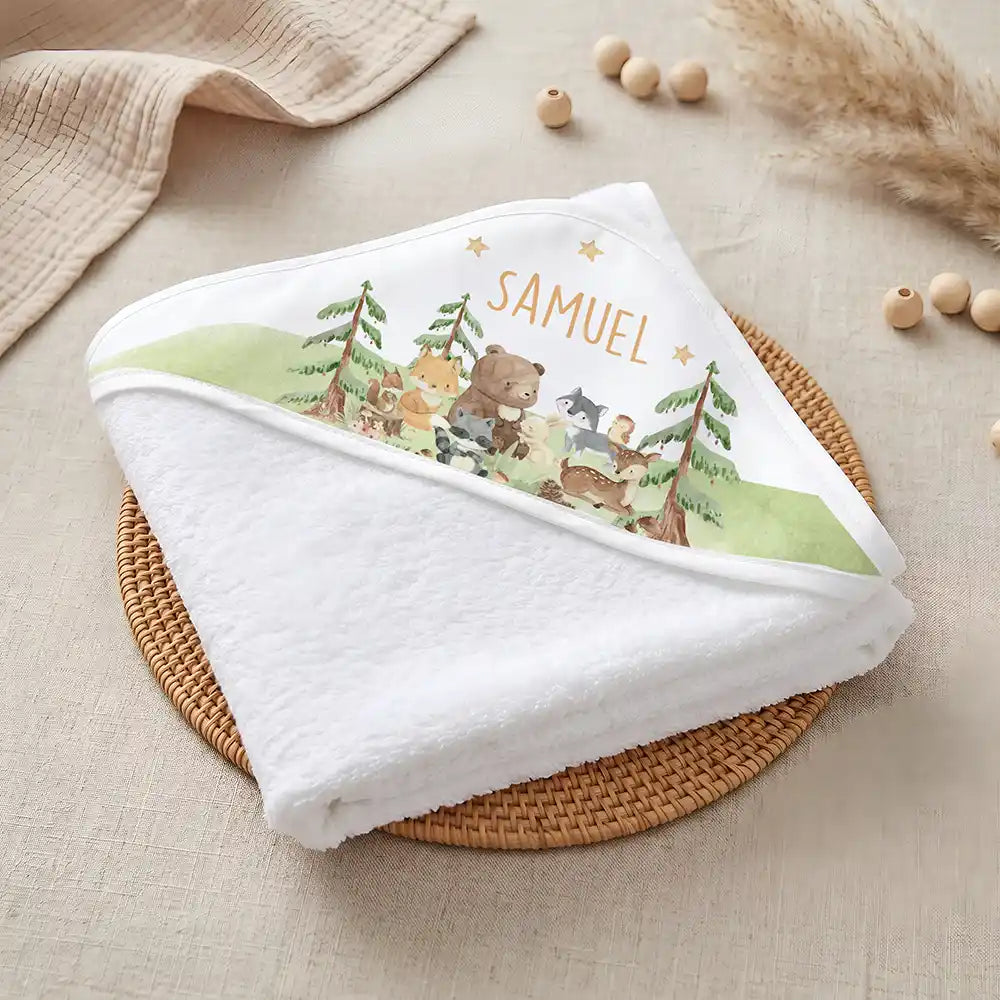 Kidsmood Familienbetrieb Hamburg â Personalisiertes Kapuzenhandtuch Baby Waldwiese Tiere