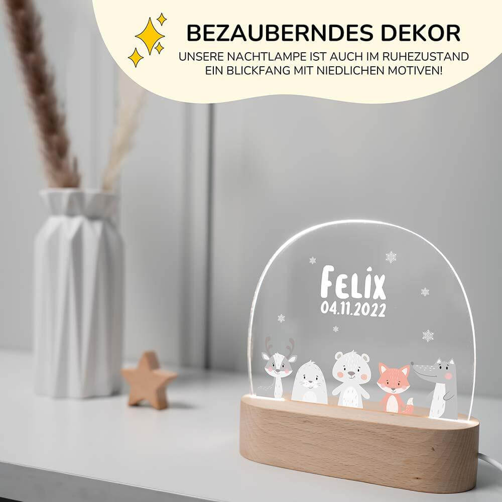 engraved night lamp with winter animals and custom name