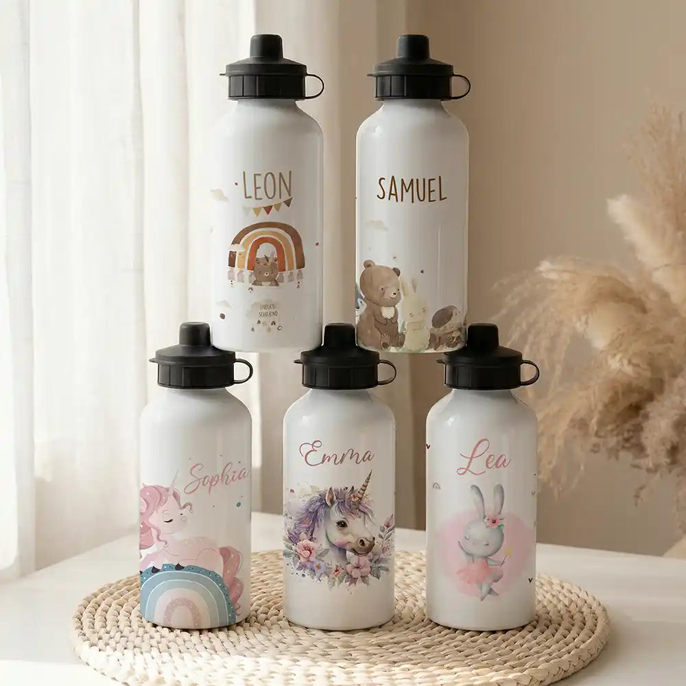 Personalisierte Trinkflasche Kinder BĂ€r Regenbogen Schulkind â Alu 500 ml weiĂ mit Namen