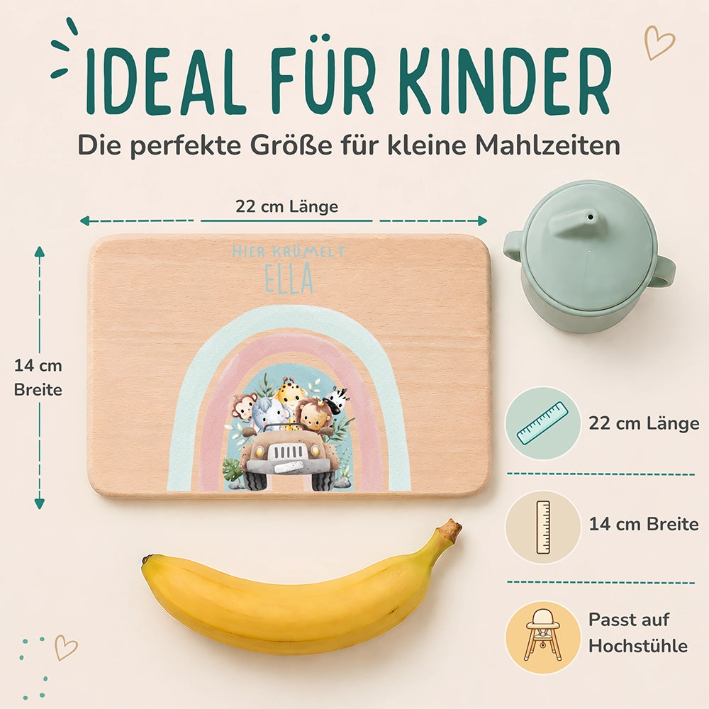 Frühstücksbrettchen Holz personalisiert - Regenbogen Safari