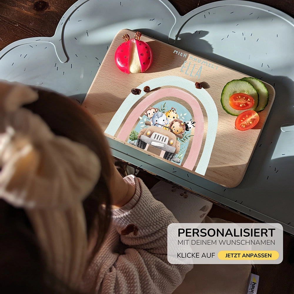 Frühstücksbrettchen Holz personalisiert - Regenbogen Safari