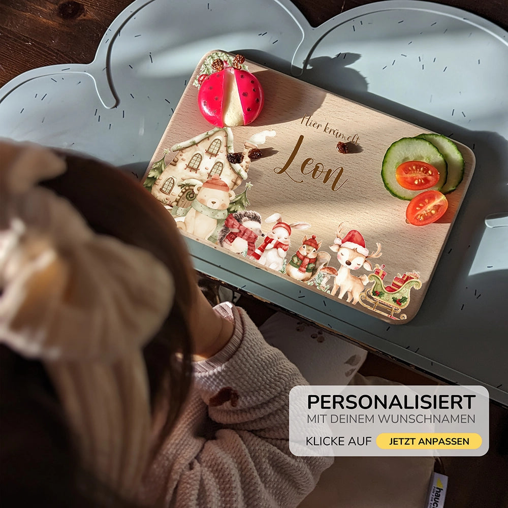 Frühstücksbrettchen Weihnachten Winterdorf mit Tieren - Geschenk Weihnachten