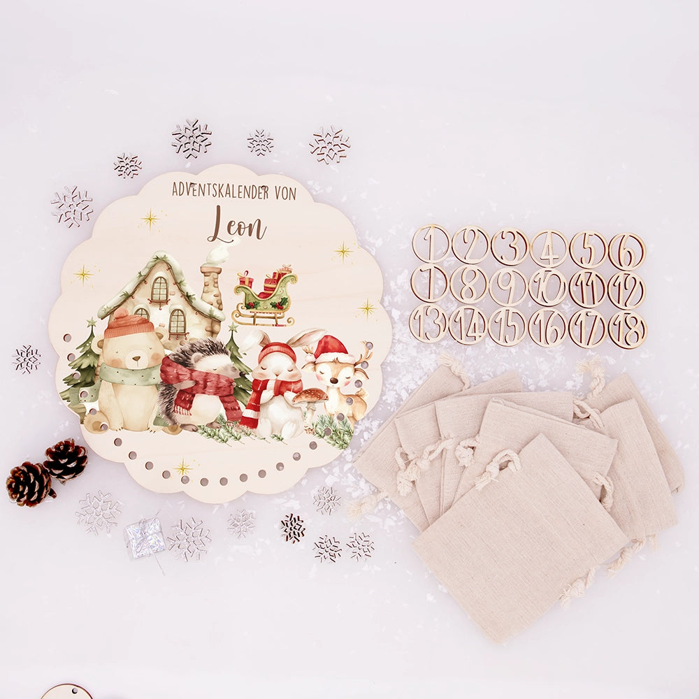 Personalisierter runder Adventskalender Kinder aus Holz - Waldtiere im Winterzauber