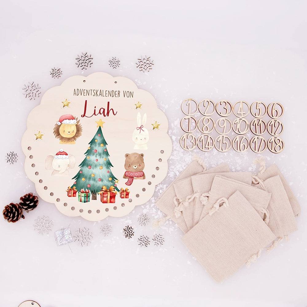 Personalisierter runder Adventskalender Kinder aus Holz - Weihnachtliche Tierwelt