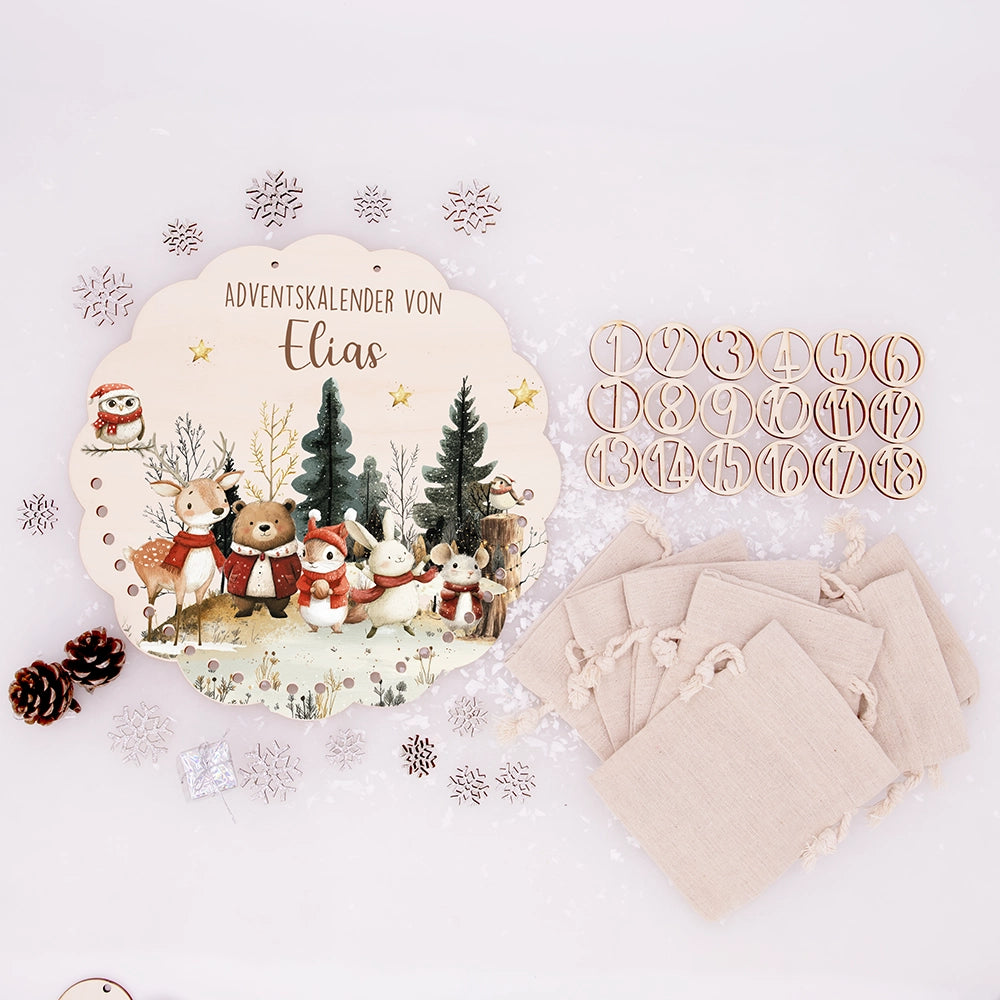 Personalisierter runder Adventskalender Kinder aus Holz - Weihnachtsdorf