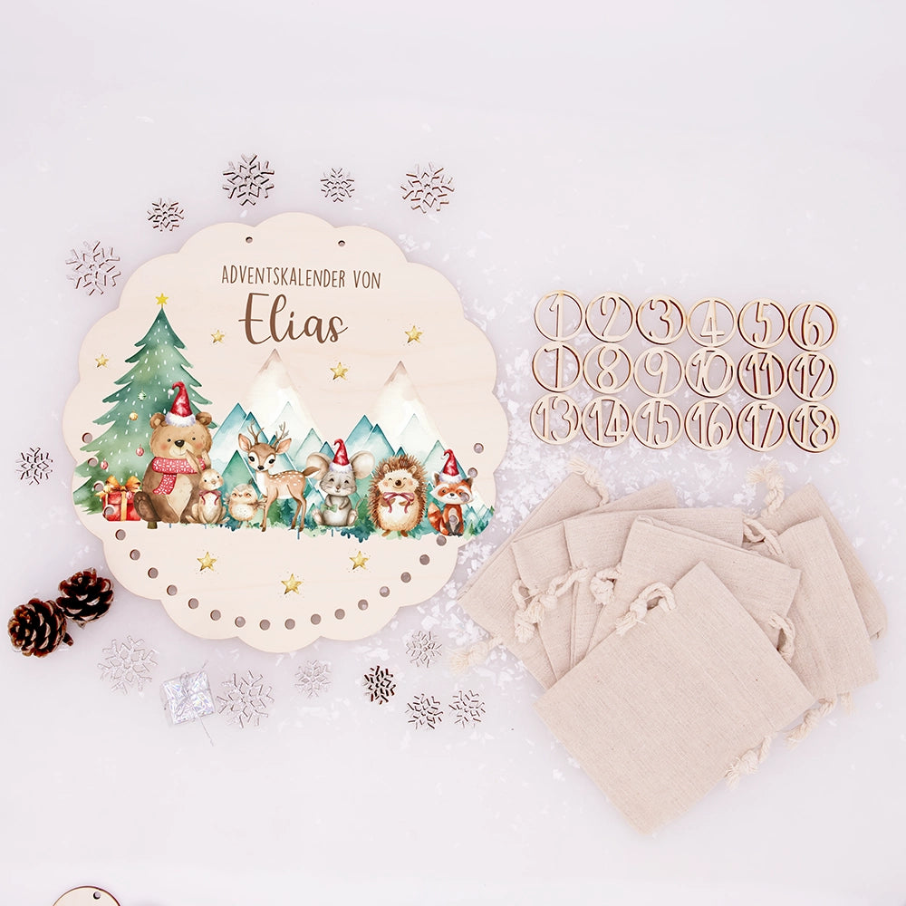 Personalisierter runder Adventskalender Kinder aus Holz - Winterwald & seine Bewohner