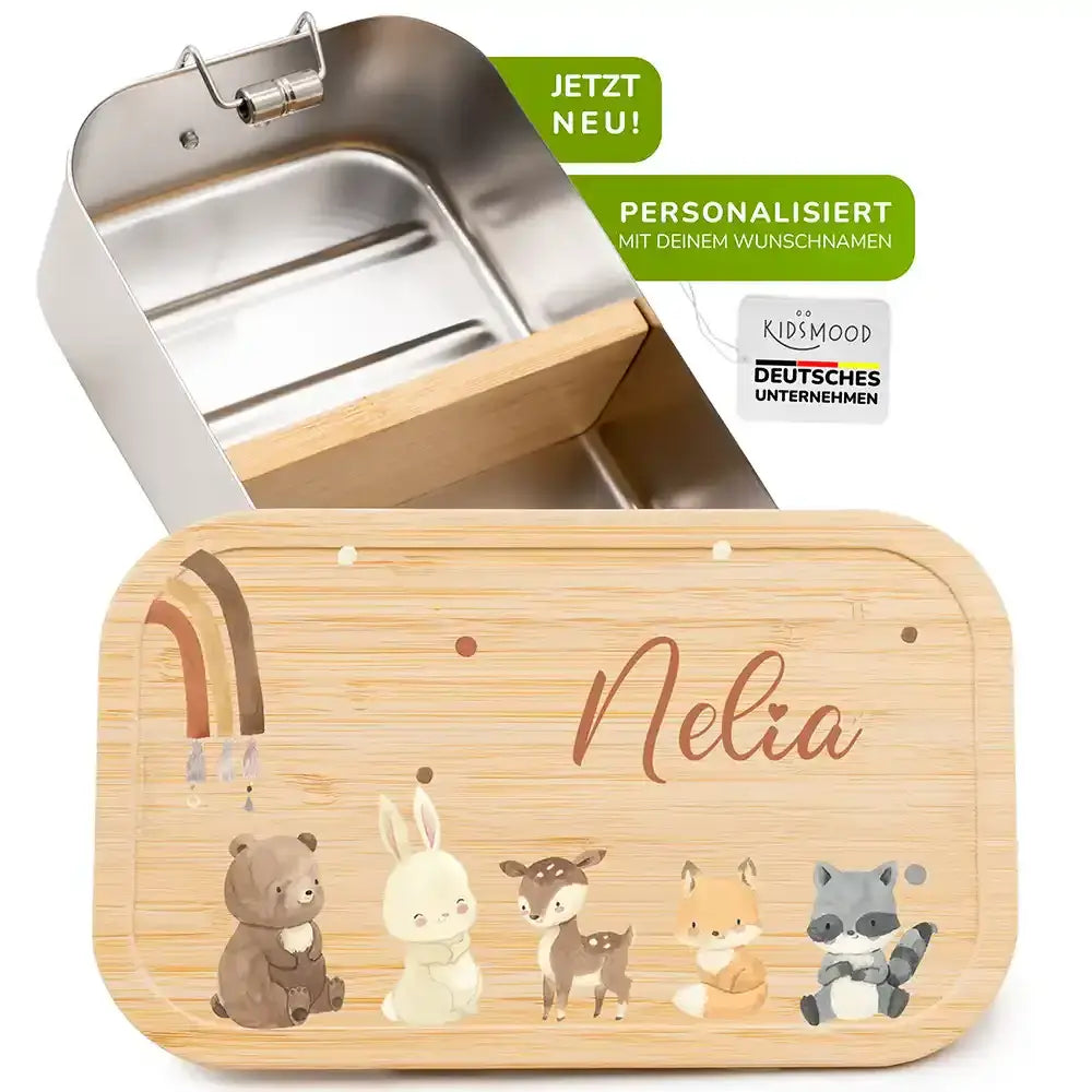 brotdose für kinder mit boho tierfamilie und regenbogen gravur