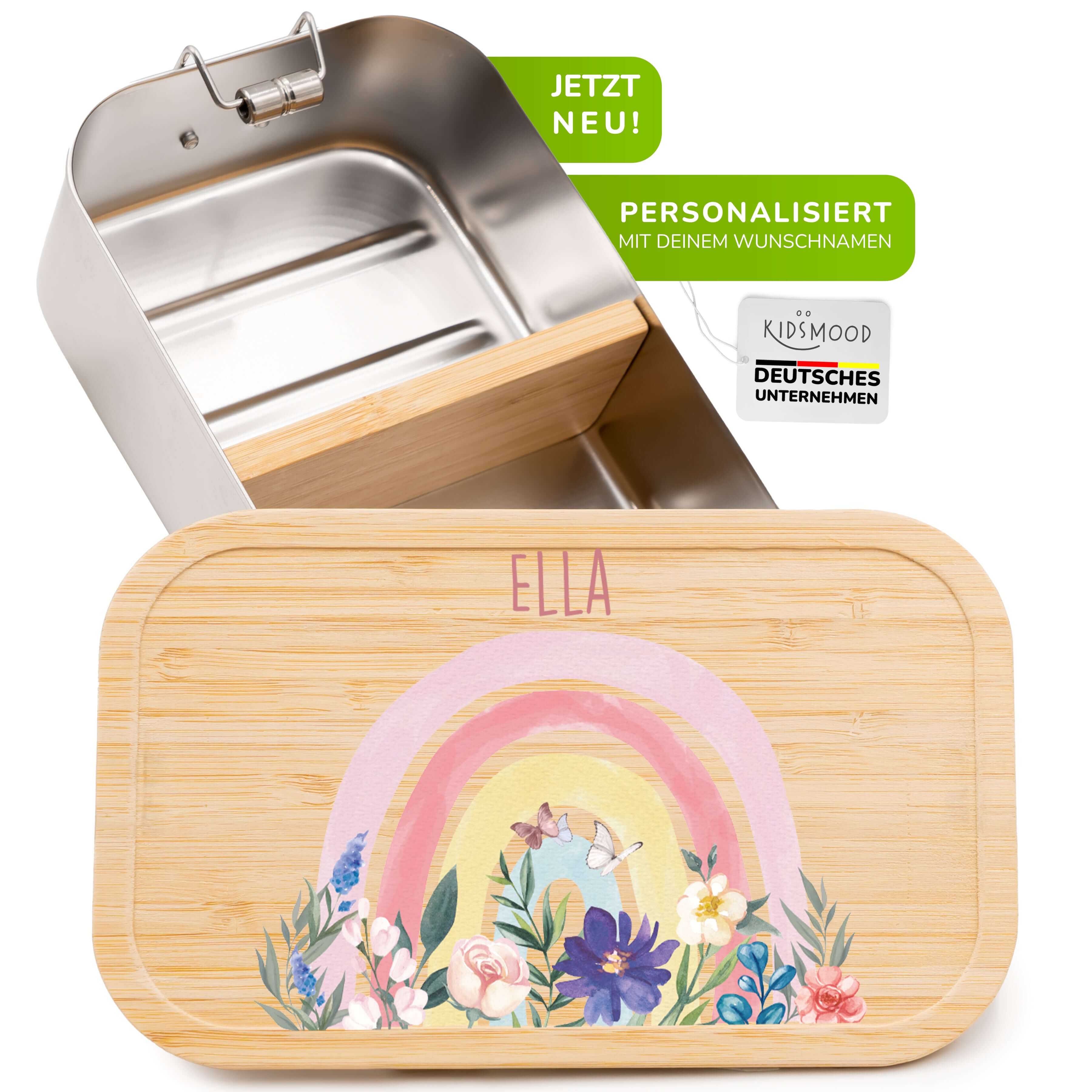 handgefertigte brotdose aus holz mit blumen und regenbogen motiv