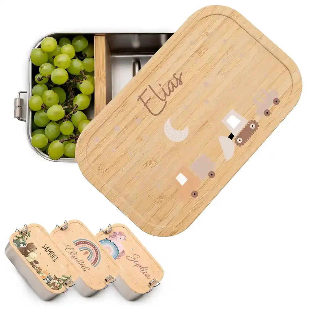 handgefertigte brotdose aus holz mit baustellen motiv