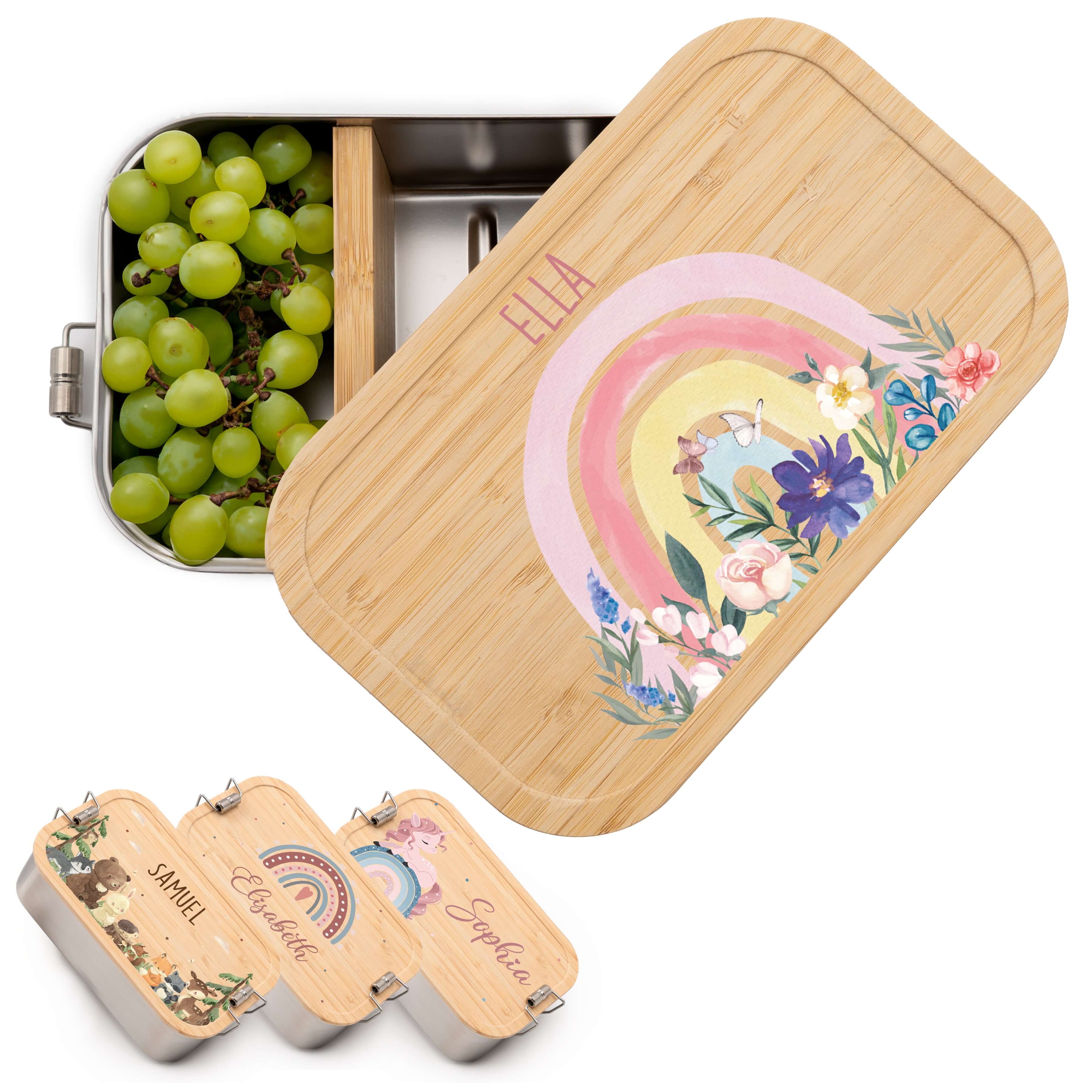 personalisierte lunchbox mit blumen und regenbogen design