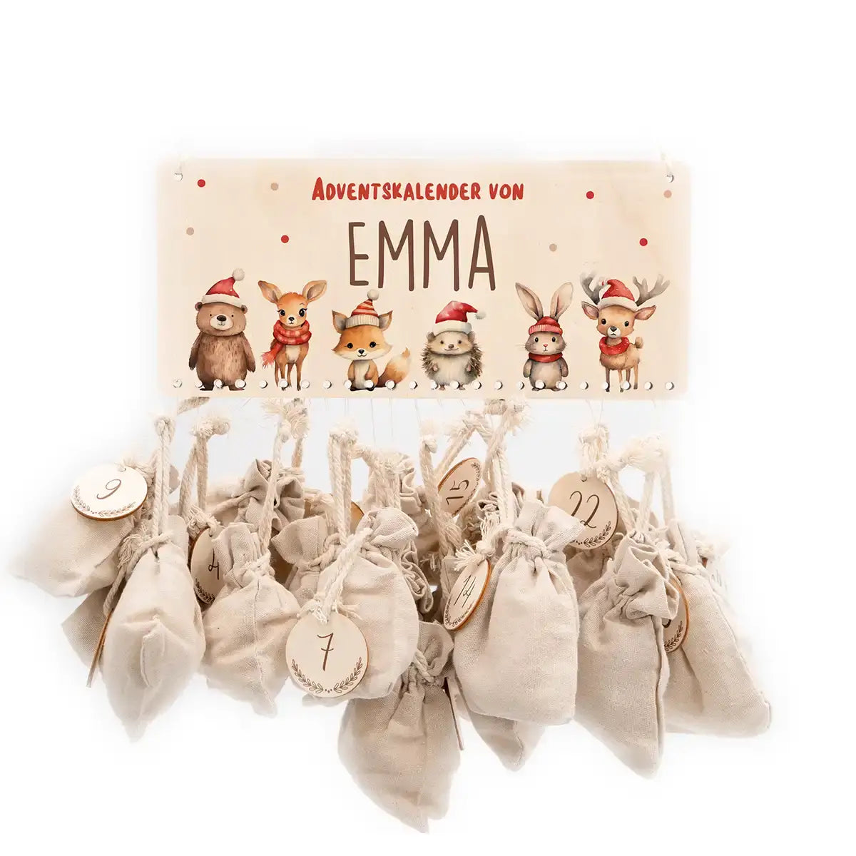 Personalisierbarer Adventskalender farbig - Winterliche Tierfamilie