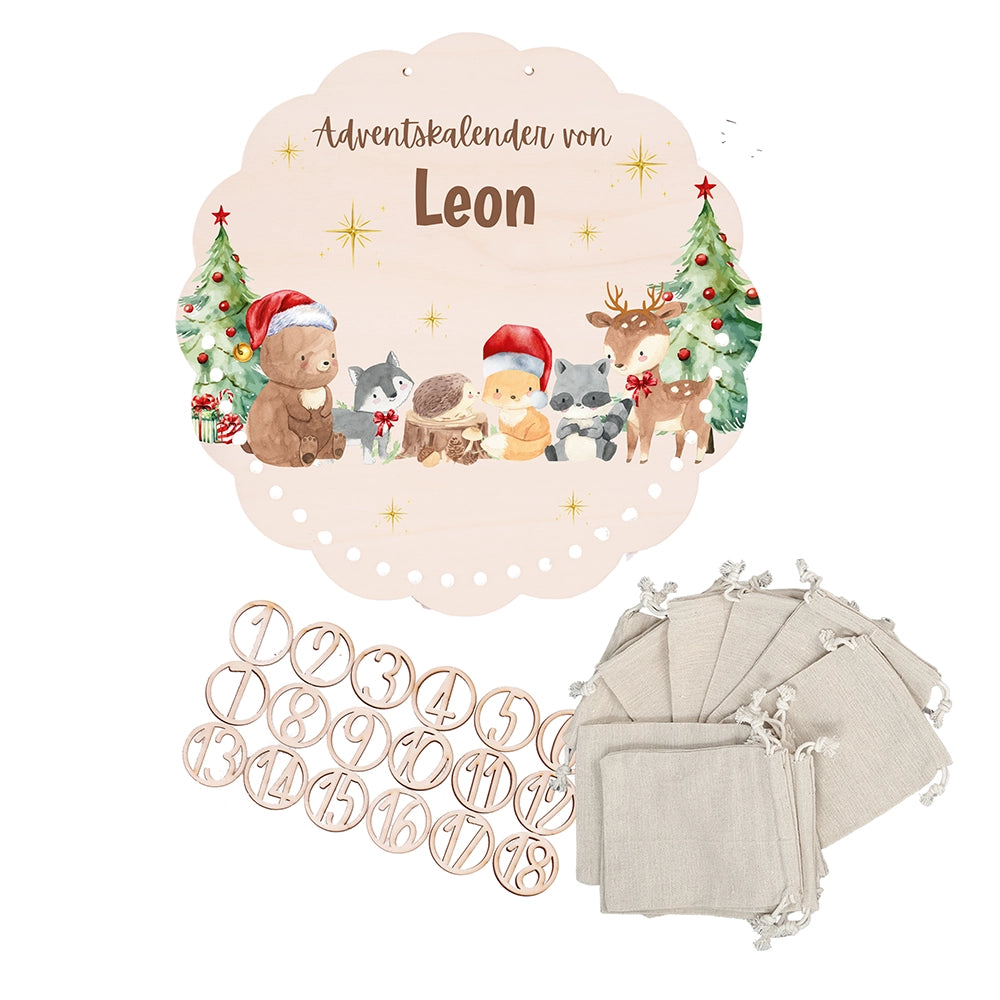 Personalisierter runder Adventskalender Kinder aus Holz - Winterwunderland