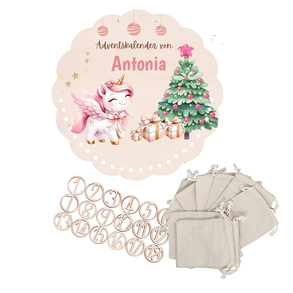 Personalisierter runder Adventskalender Kinder aus Holz - Baby Einhorn