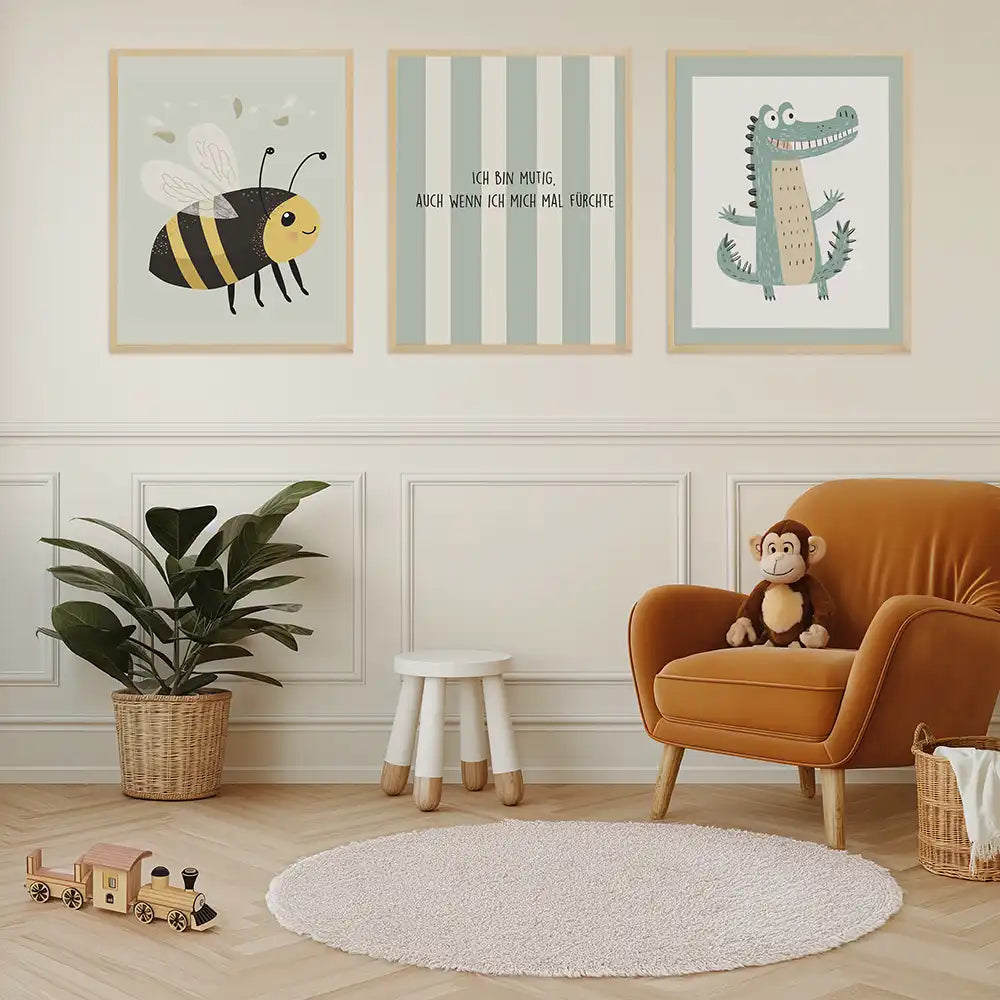 Poster 3er-Set - Biene, Krokodil & Mut Affirmation fürs Kinderzimmer